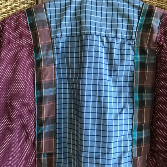 Upcycled Patchwork Button-Down Shirt, Size M-L: Boho Blue Purple Polka Dot Top - Picture 10 of 15